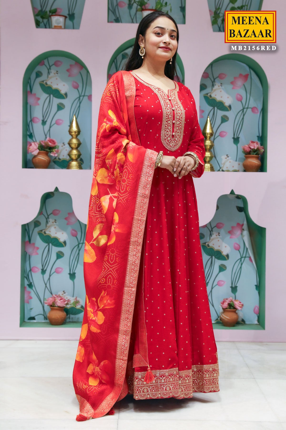 Red Silk Anarkali Gown With Zari Sequin Embroidery