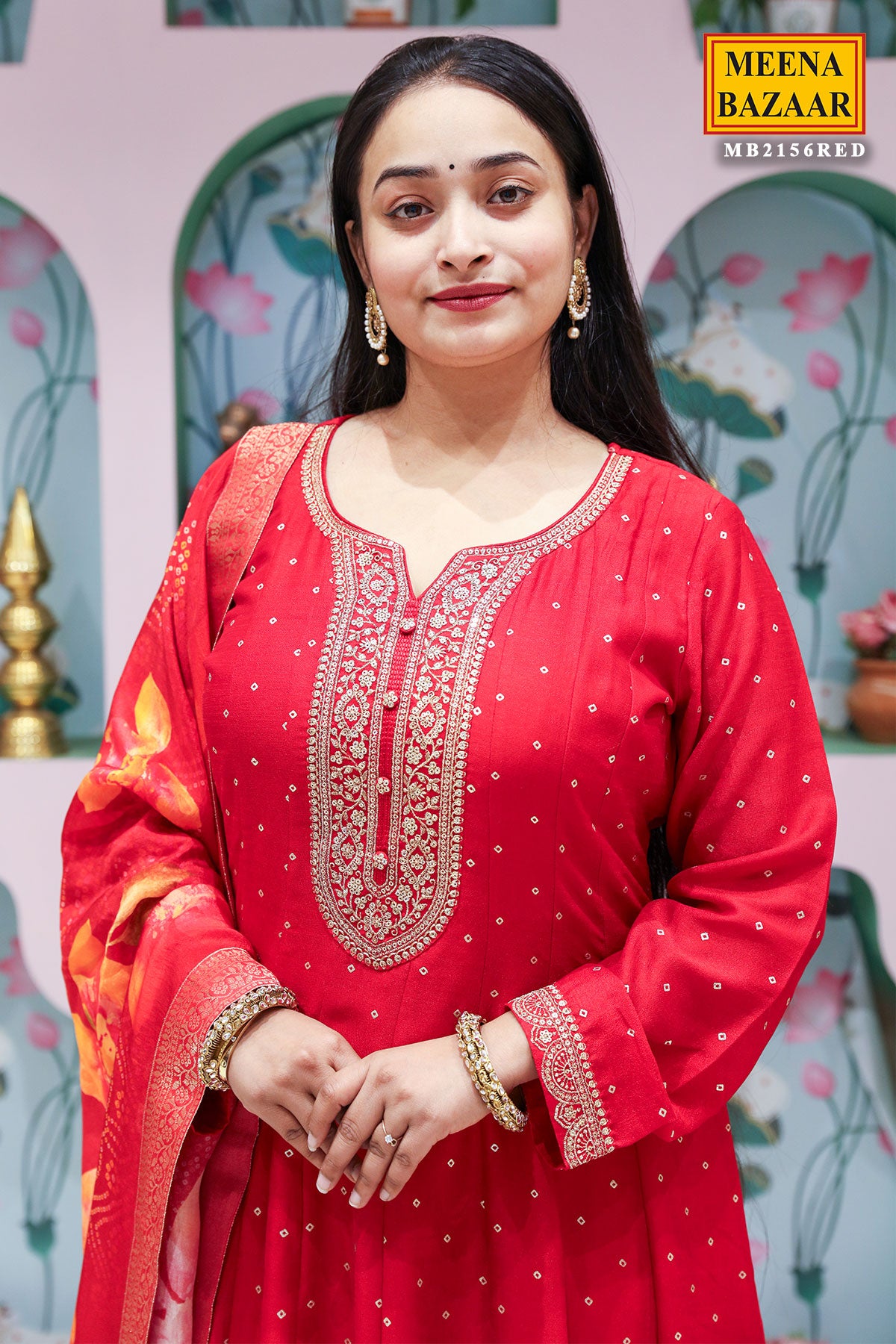 Red Silk Anarkali Gown With Zari Sequin Embroidery