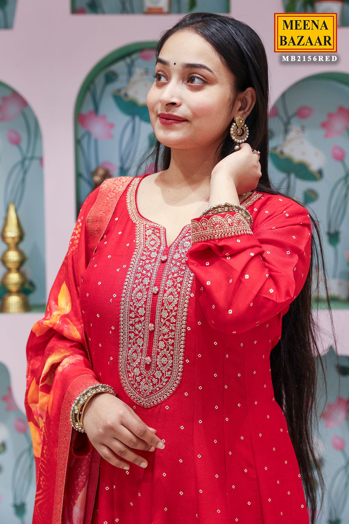 Red Silk Anarkali Gown With Zari Sequin Embroidery