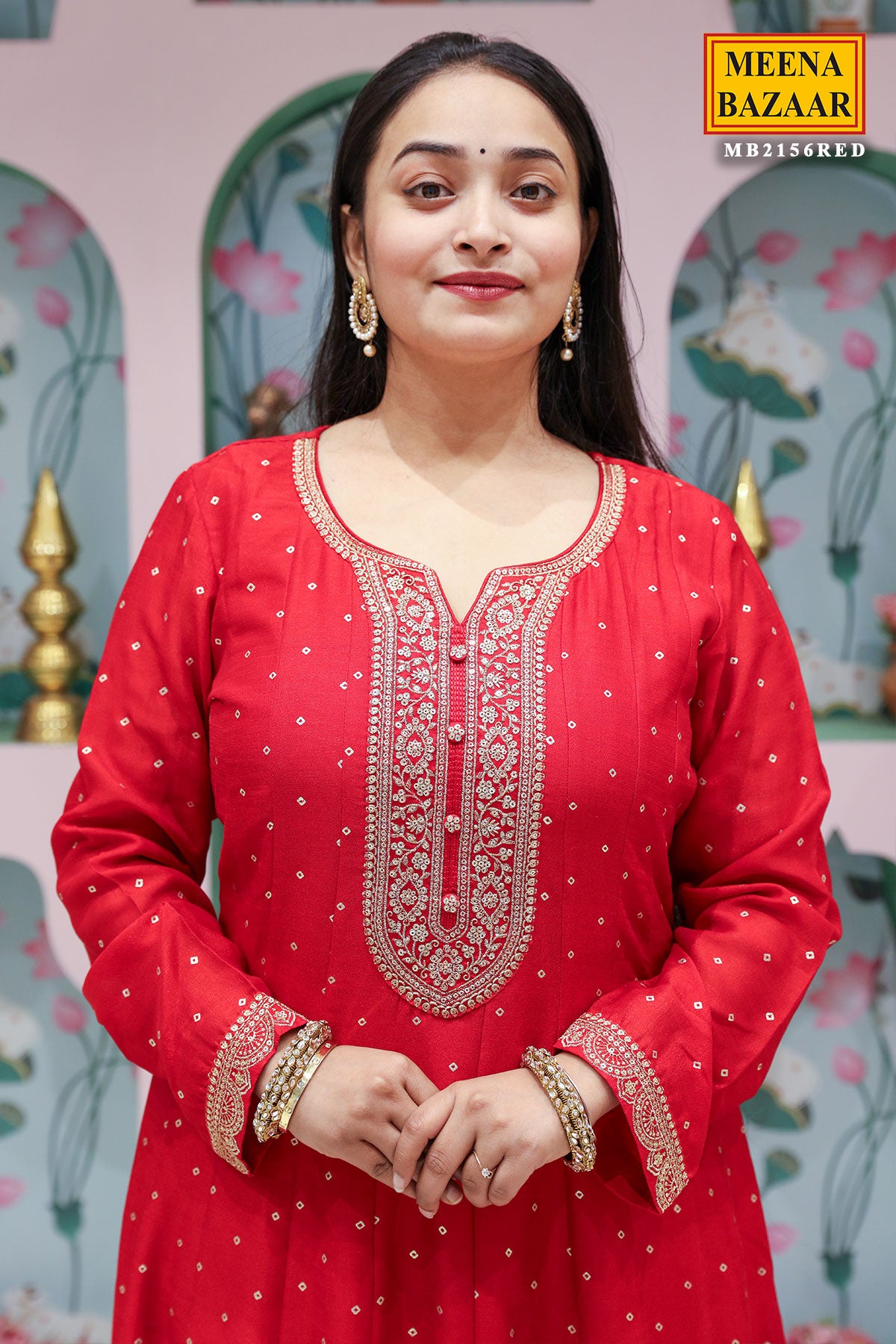 Red Silk Anarkali Gown With Zari Sequin Embroidery