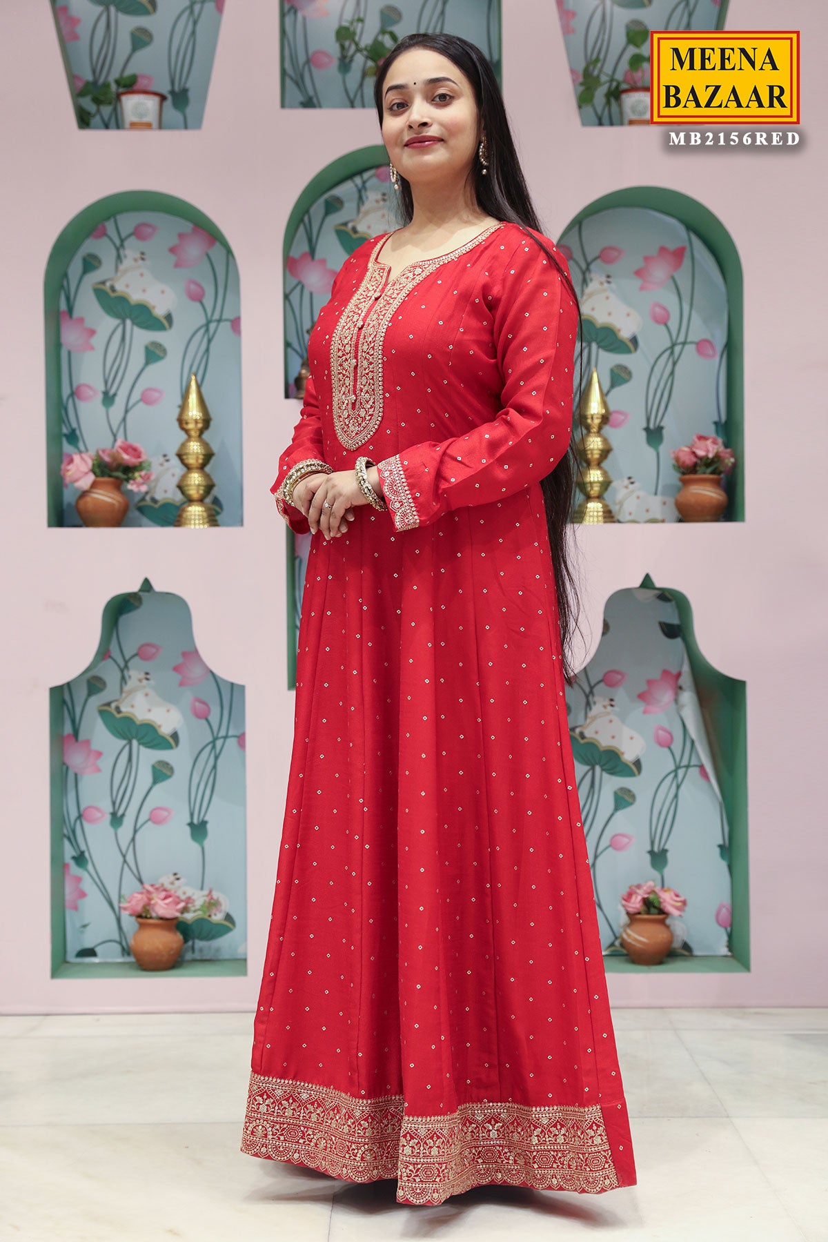 Red Silk Anarkali Gown With Zari Sequin Embroidery