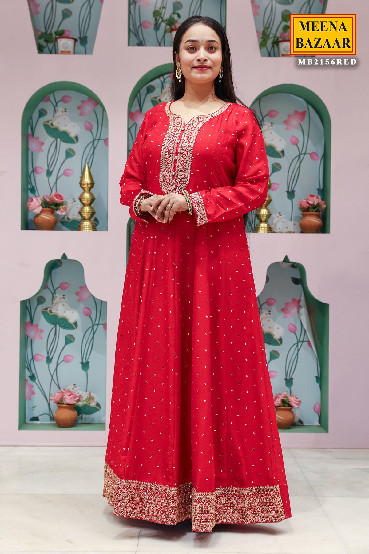 Red Silk Anarkali Gown With Zari Sequin Embroidery