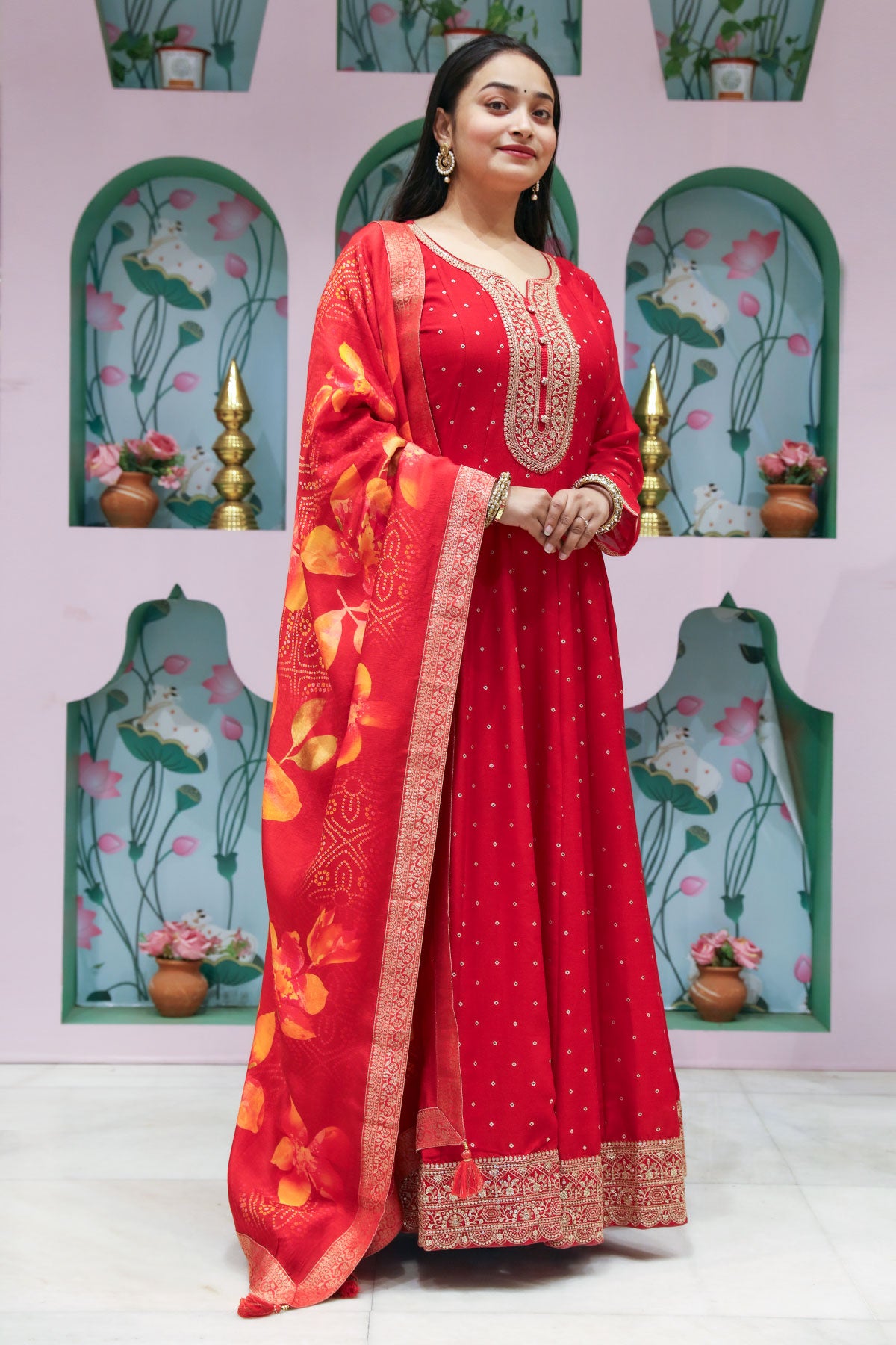 Red Silk Anarkali Gown With Zari Sequin Embroidery