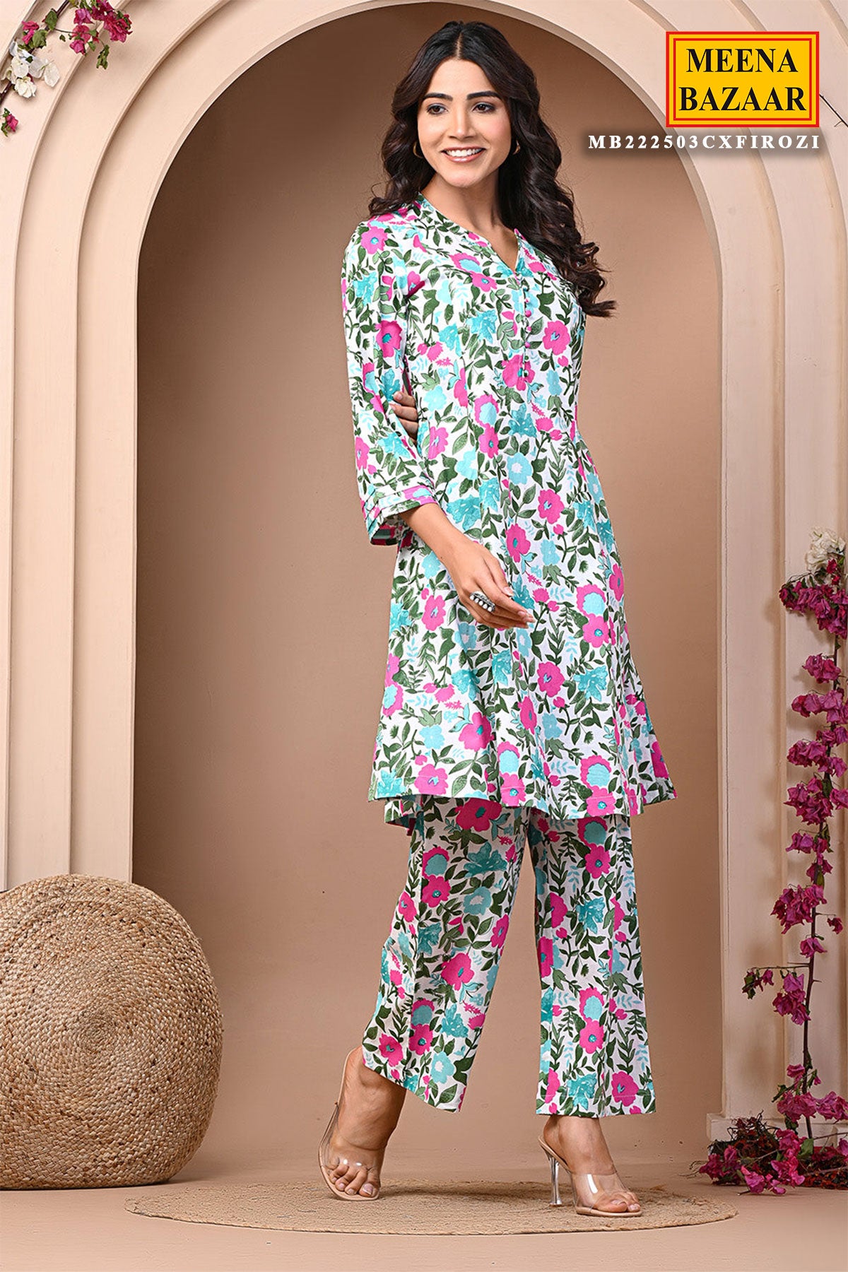 Firozi Cotton Floral Printed Kurti With Pants