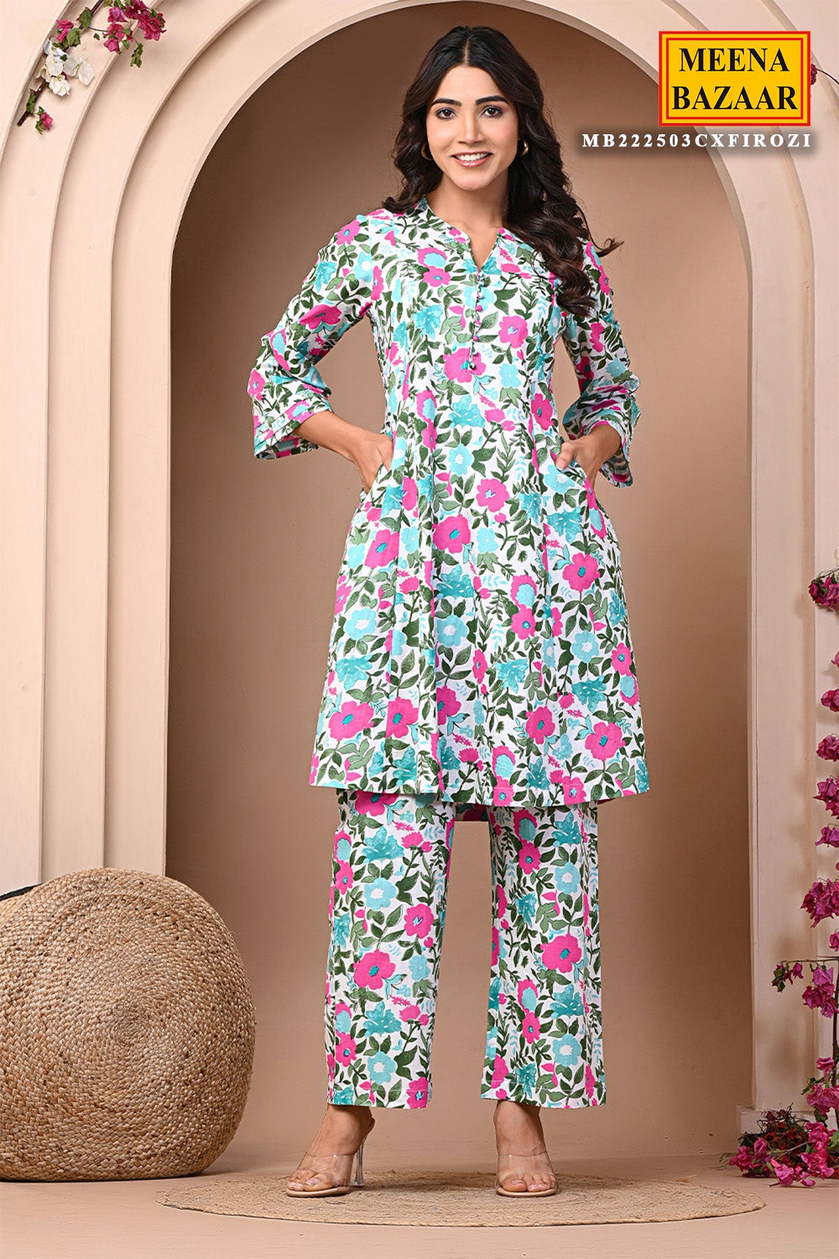 Firozi Cotton Floral Printed Kurti With Pants