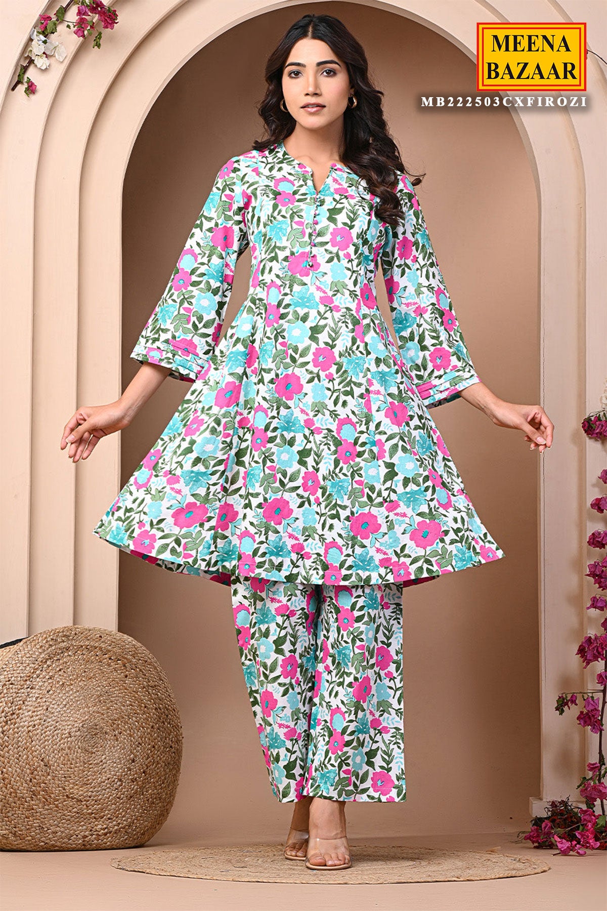 Firozi Cotton Floral Printed Kurti With Pants