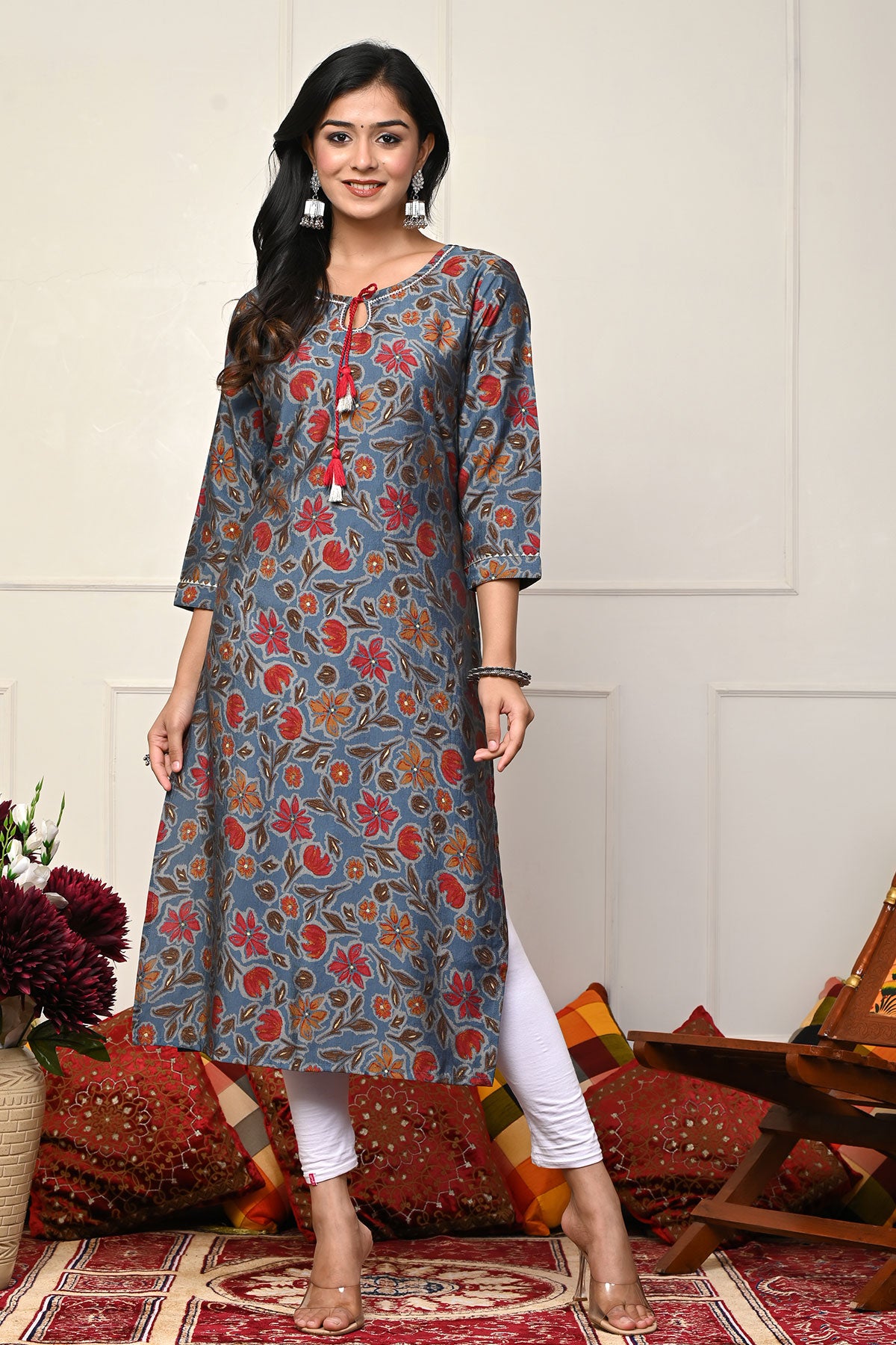 Blue Cotton Floral Printed Kurti