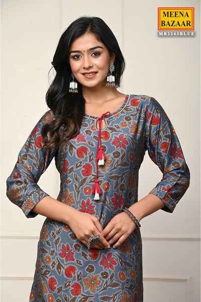 Blue Cotton Floral Printed Kurti