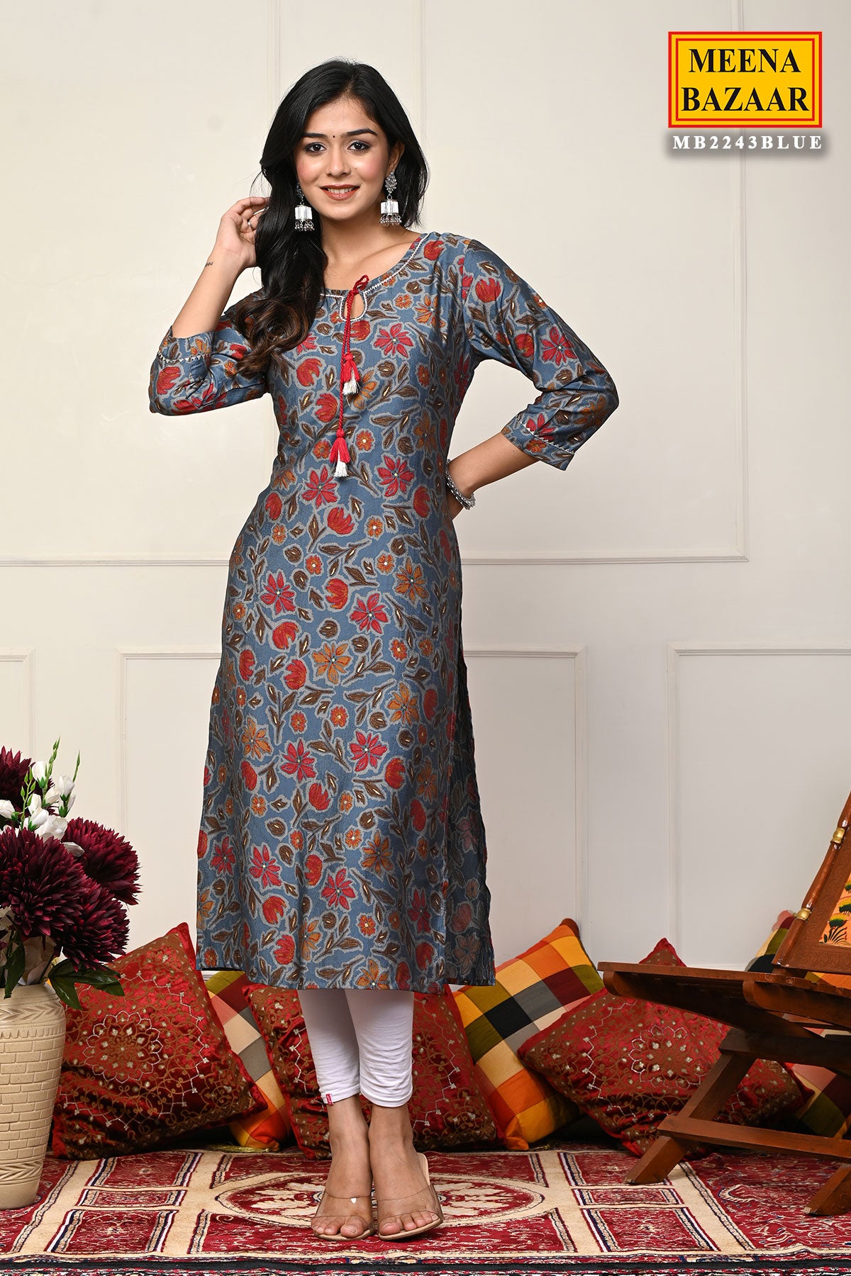 Blue Cotton Floral Printed Kurti