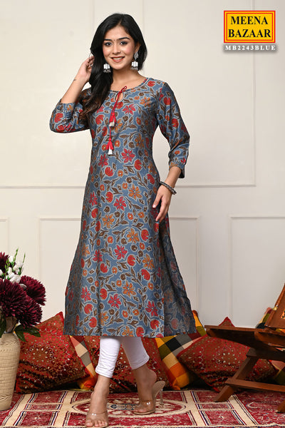 Blue Cotton Floral Printed Kurti