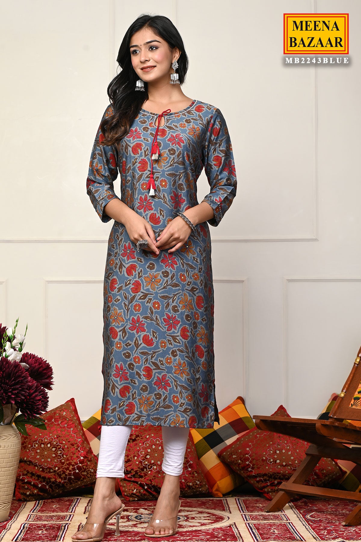 Blue Cotton Floral Printed Kurti