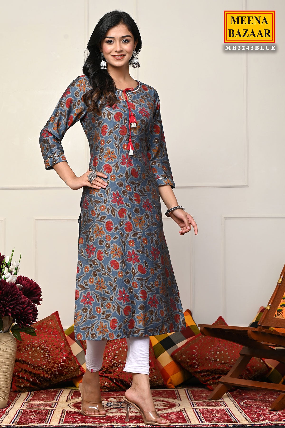 Blue Cotton Floral Printed Kurti