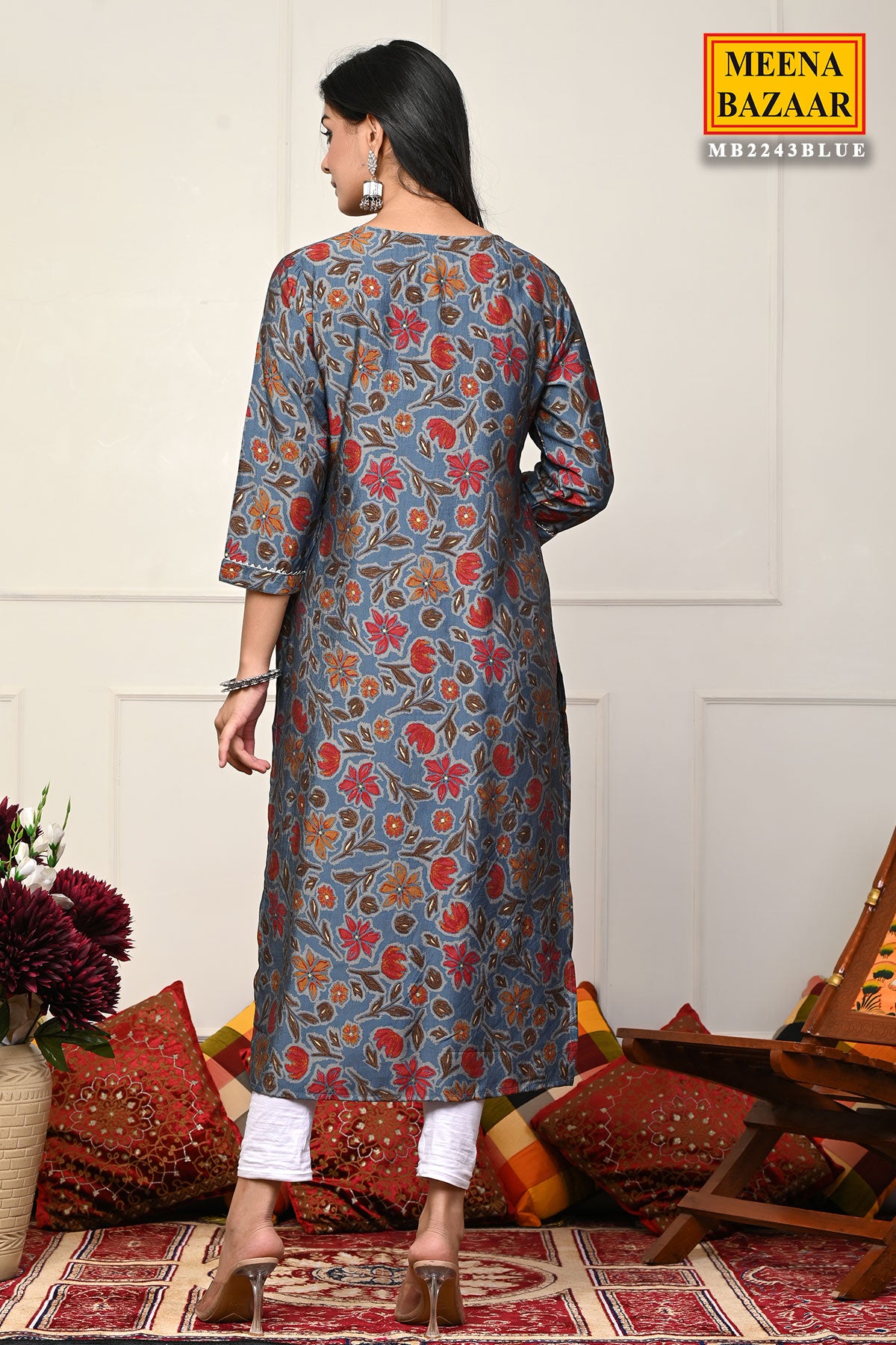 Blue Cotton Floral Printed Kurti