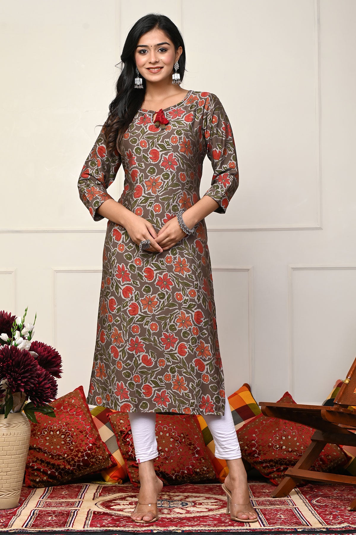 Brown Cotton Floral Printed Kurti