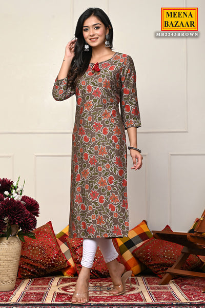 Brown Cotton Floral Printed Kurti