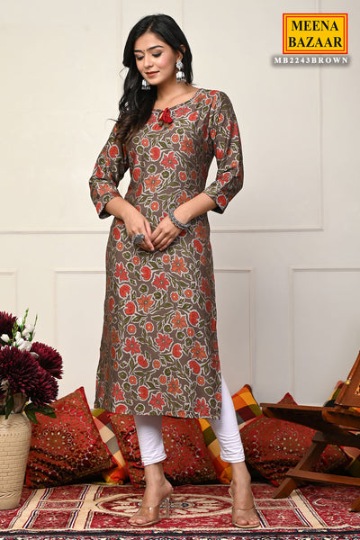 Brown Cotton Floral Printed Kurti