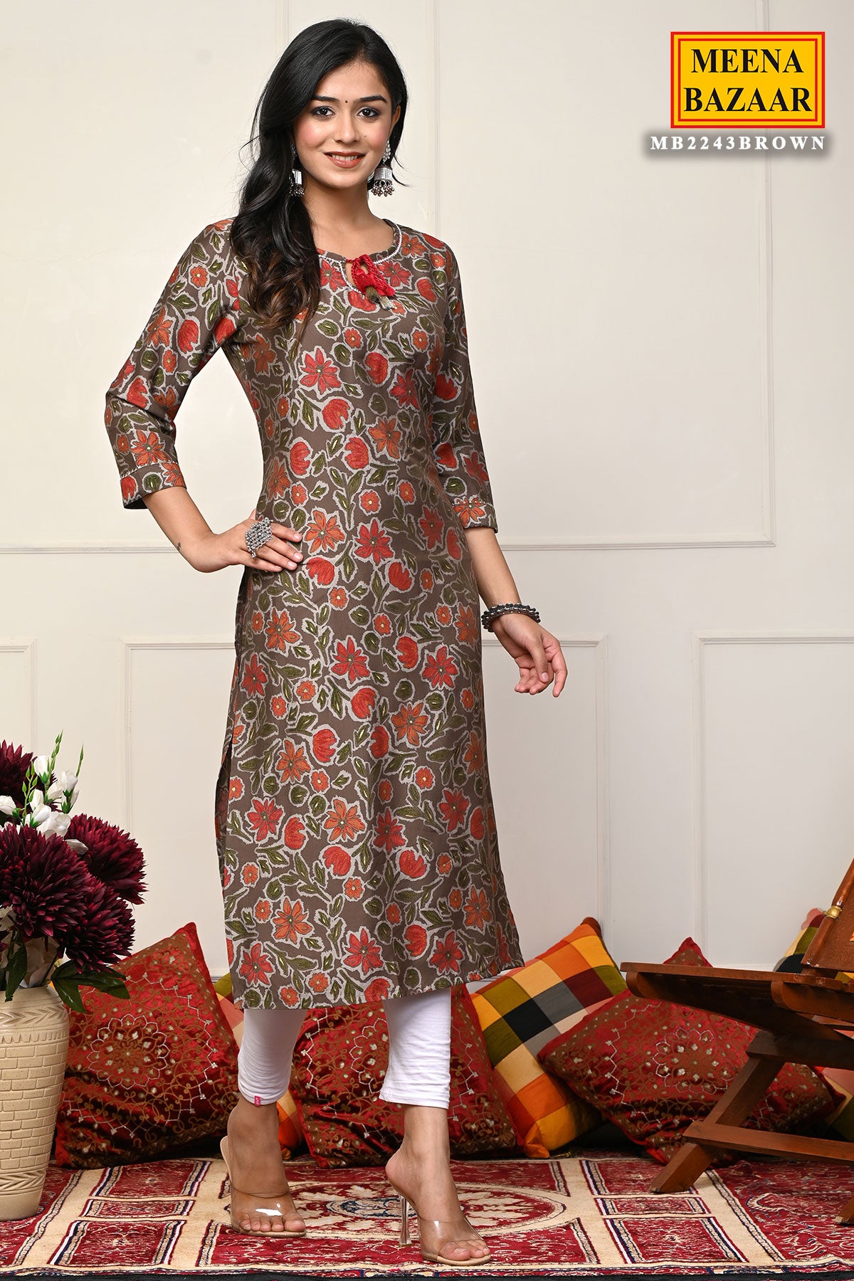 Brown Cotton Floral Printed Kurti