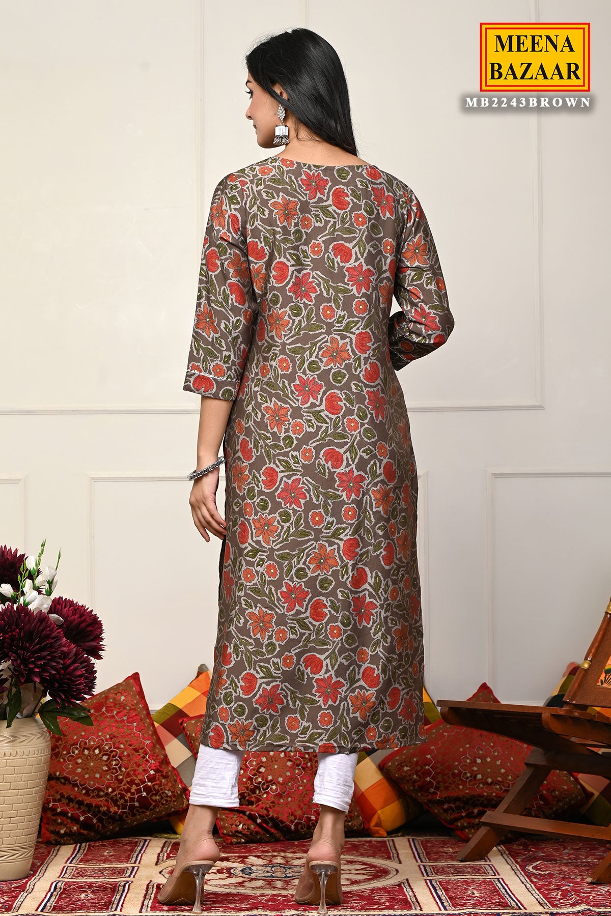 Brown Cotton Floral Printed Kurti