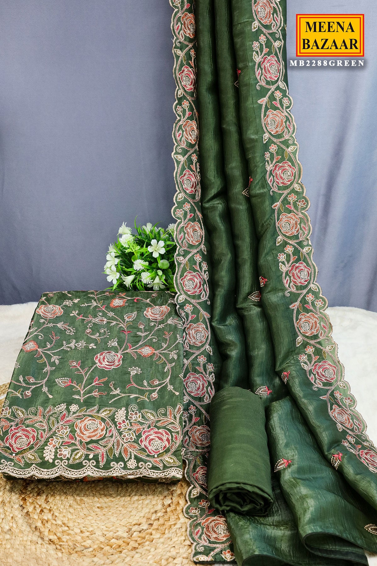 Green Organza Floral Thread Zari Embroidered Suit Set