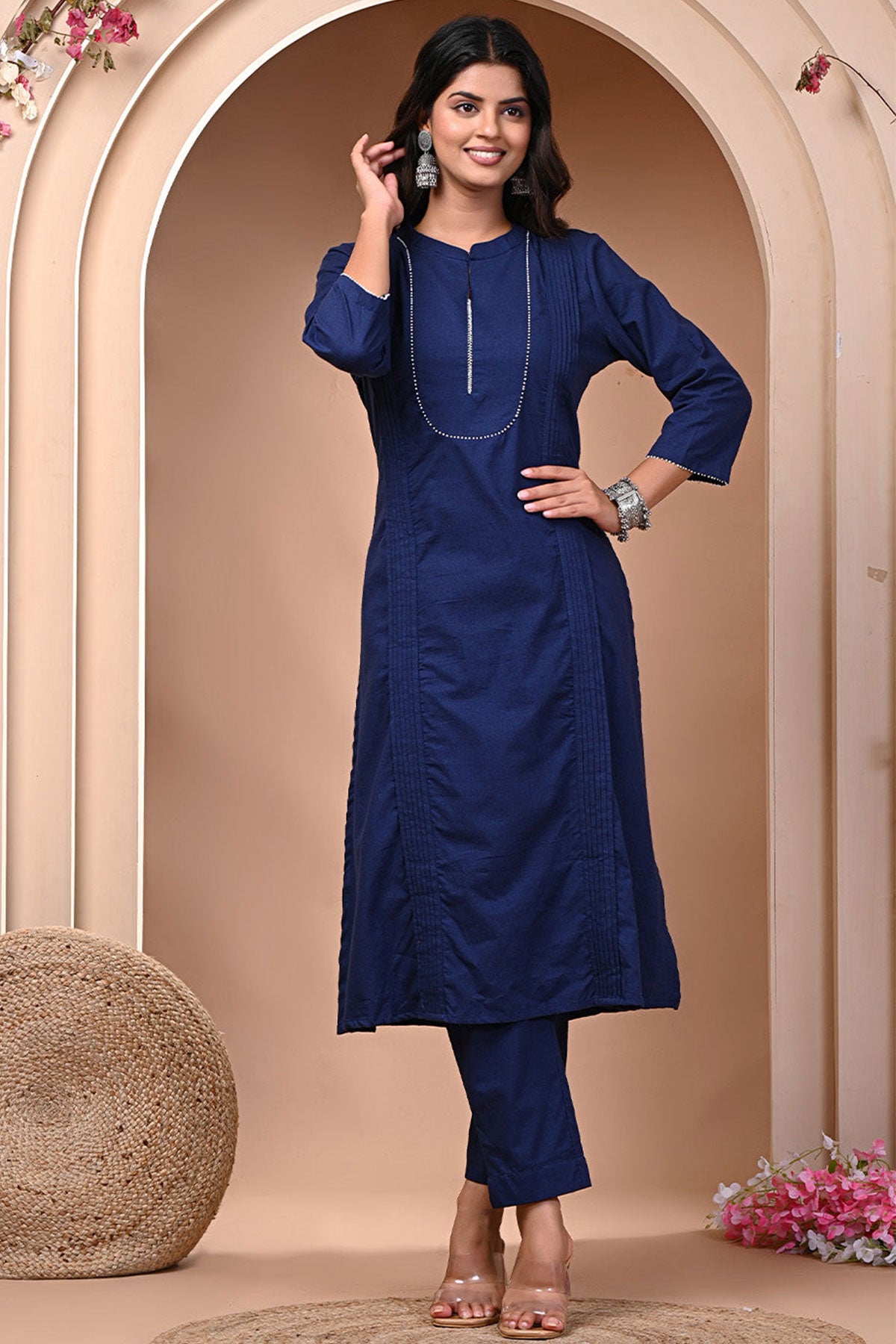 Navy Cotton Kurta With Pants Set