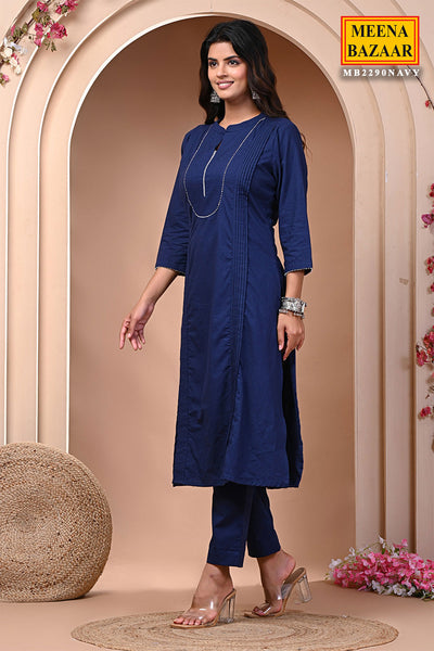 Navy Cotton Kurta With Pants Set