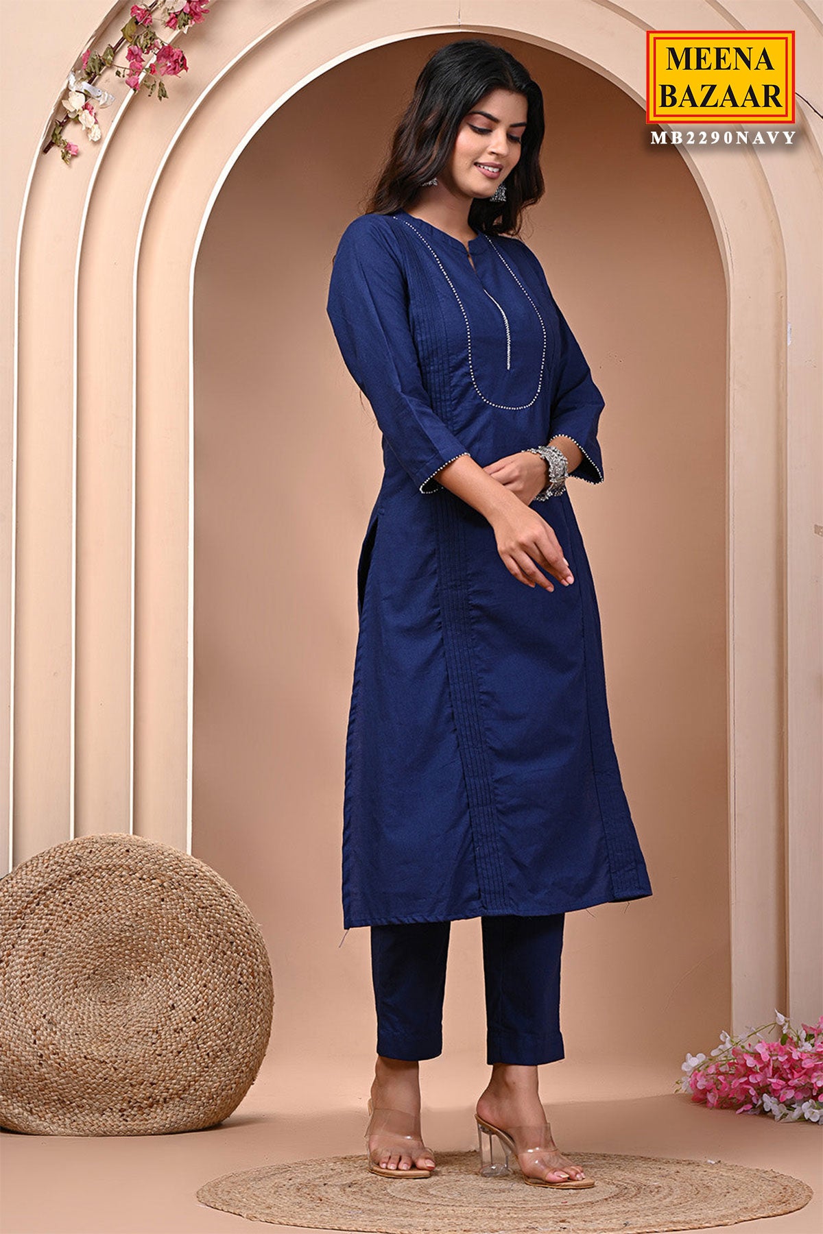 Navy Cotton Kurta With Pants Set