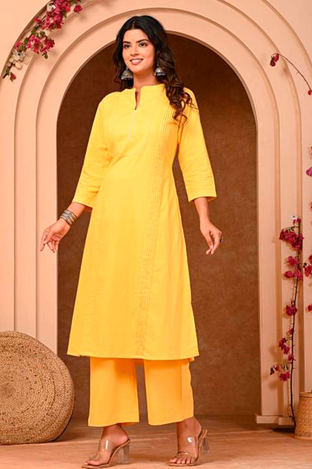 Yellow Cotton Kurta With Pants Set