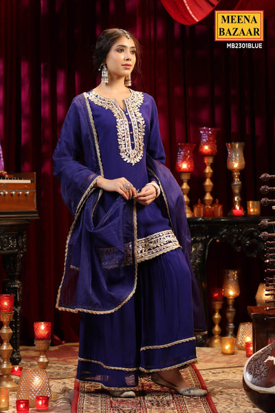 Midnight Blue Gota Work Embroidered Georgette Sharara Set