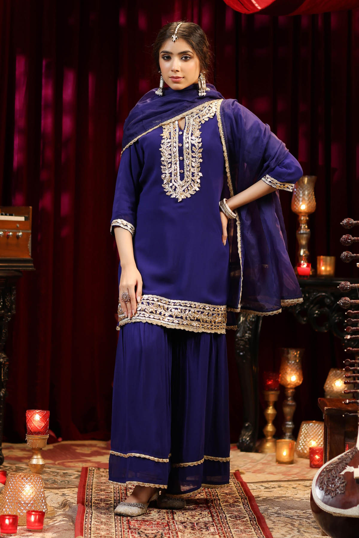 Midnight Blue Gota Work Embroidered Georgette Sharara Set