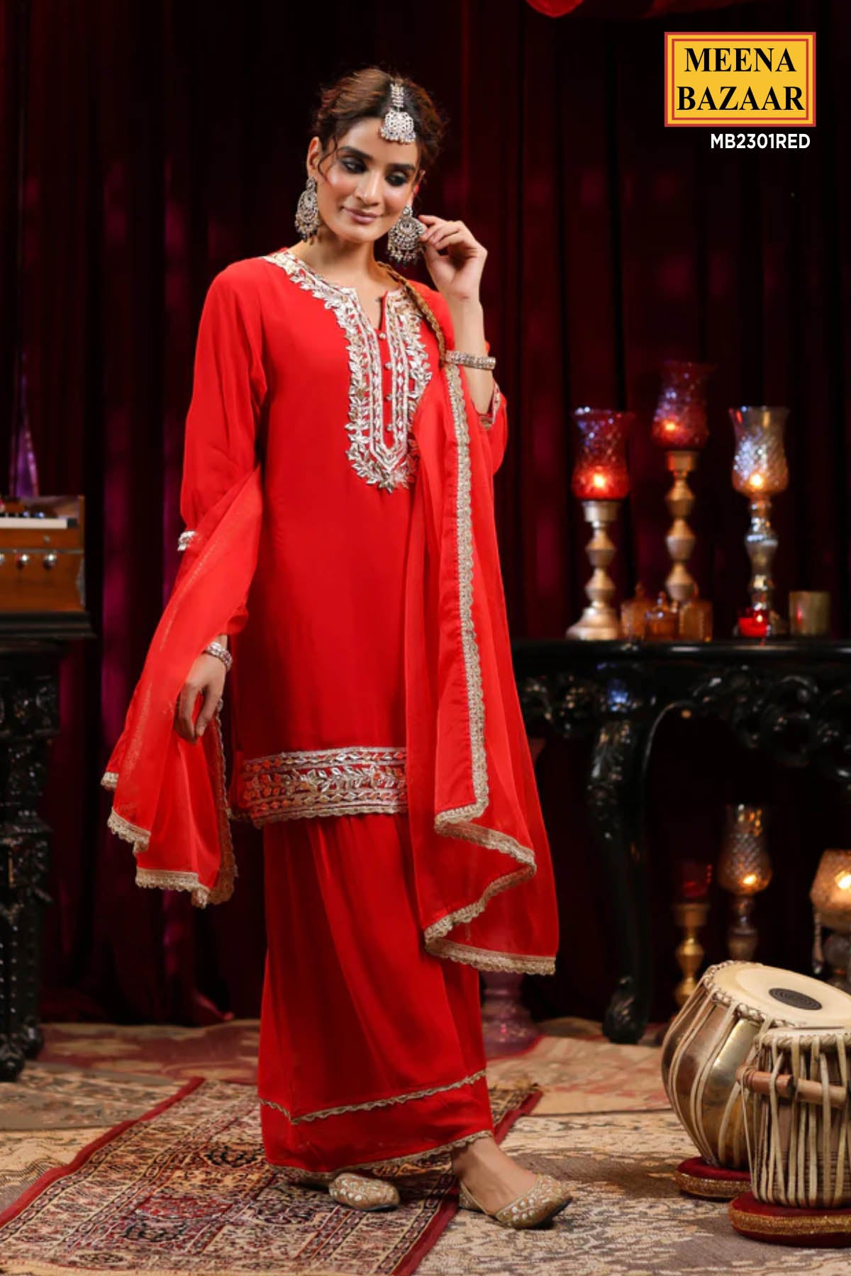 Red Gota Work Embroidered Georgette Sharara Set