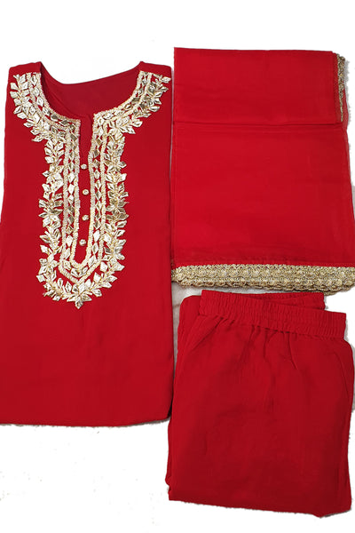 Red Gota Work Embroidered Georgette Sharara Set