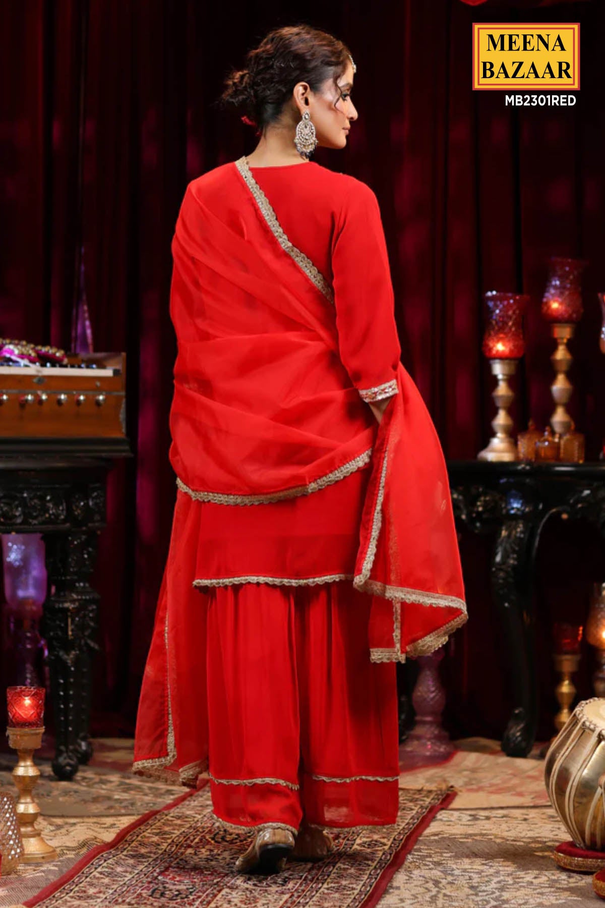 Red Gota Work Embroidered Georgette Sharara Set