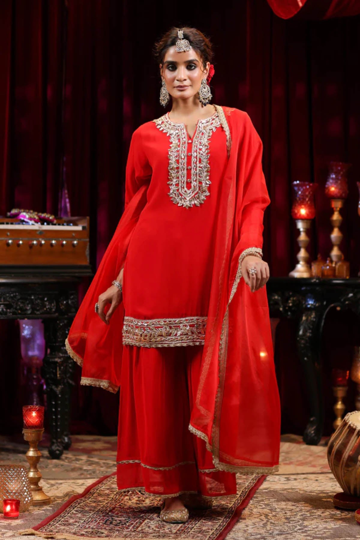 Red Gota Work Embroidered Georgette Sharara Set