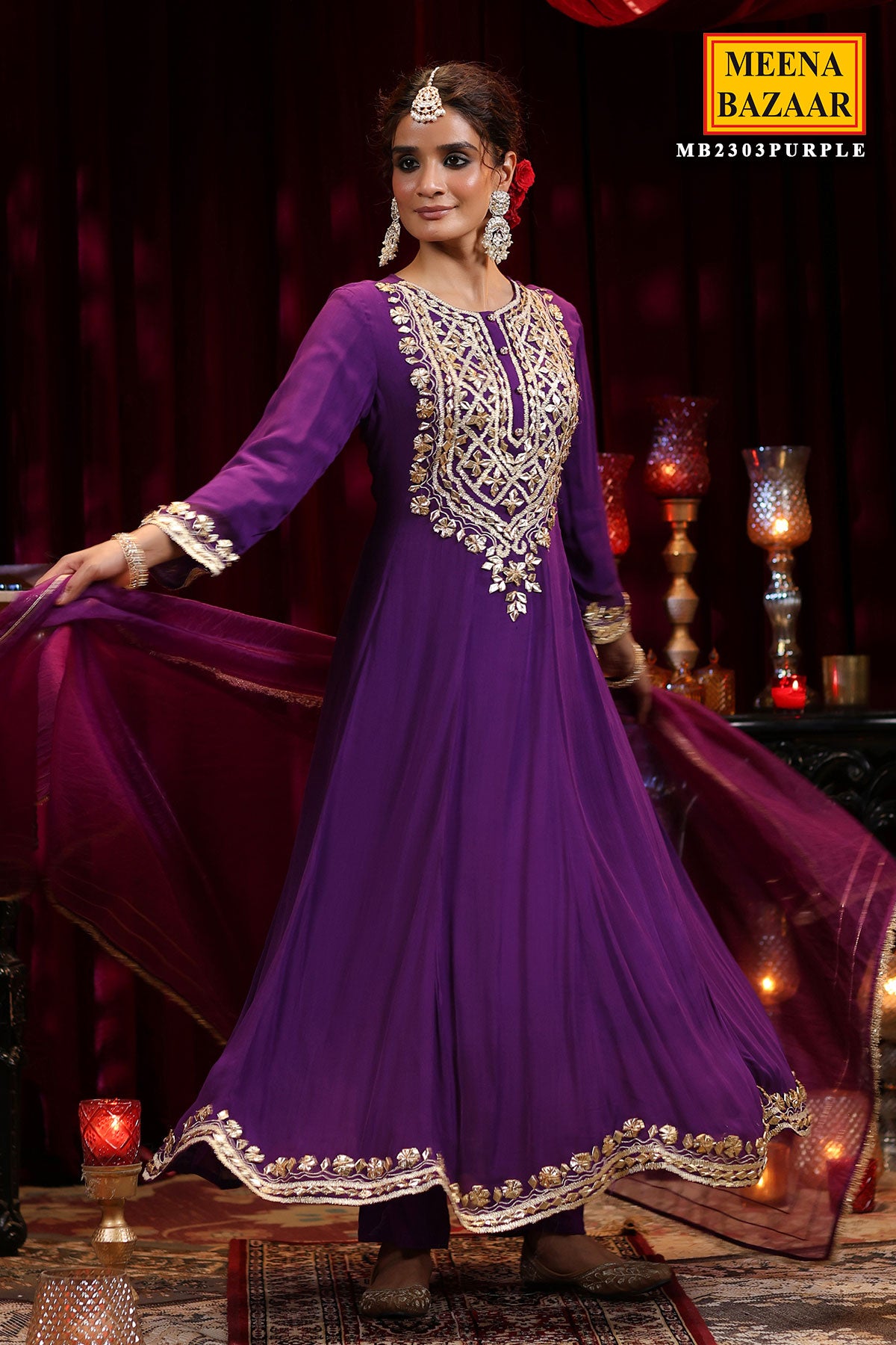 Purple Georgette Gota Patti Embroidered Anarkali Suit Set