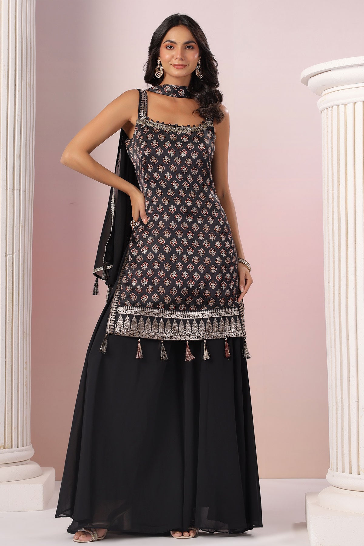 Black Crepe Silk Printed Sharara Suit