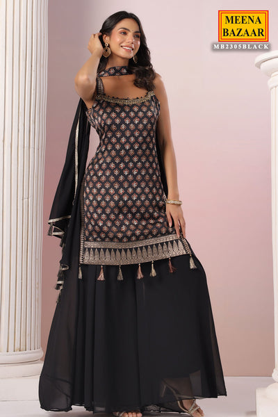 Black Crepe Silk Printed Sharara Suit