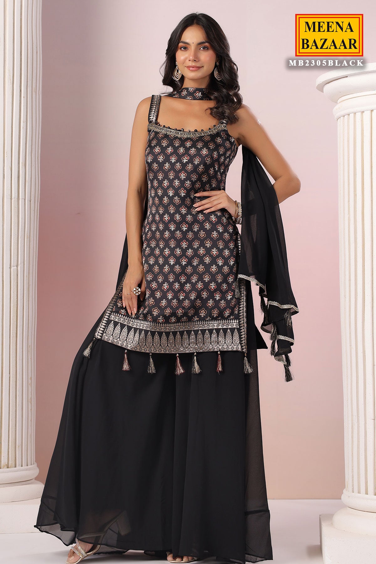 Black Crepe Silk Printed Sharara Suit