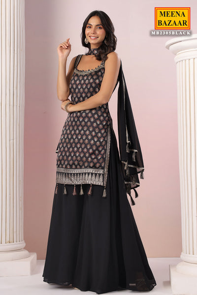 Black Crepe Silk Printed Sharara Suit