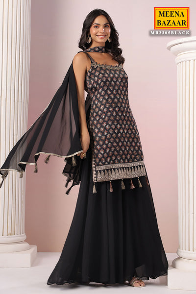 Black Crepe Silk Printed Sharara Suit