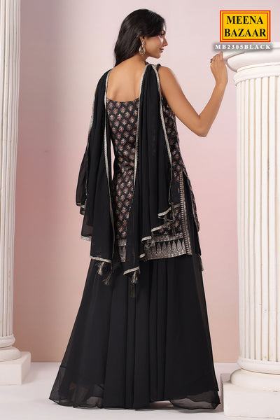 Black Crepe Silk Printed Sharara Suit