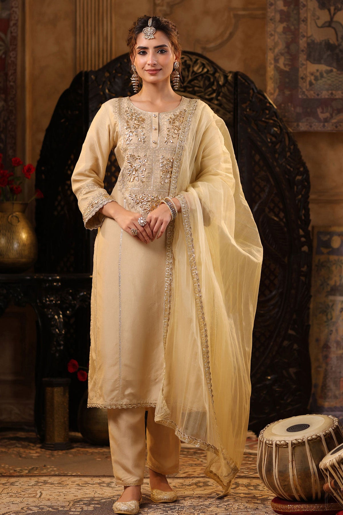 Beige Gota Patti Embroidered Silk Suit Set