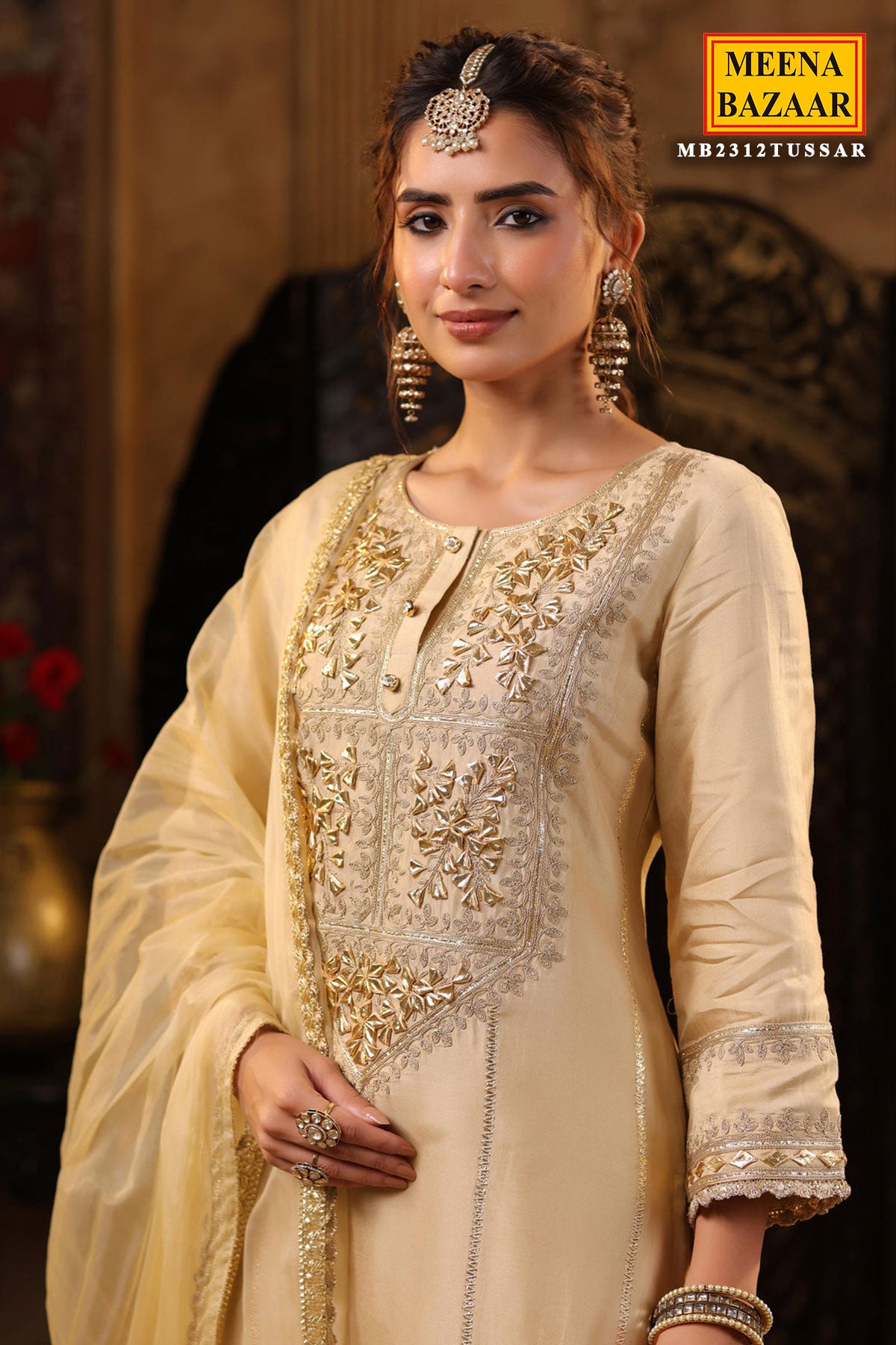 Beige Gota Patti Embroidered Silk Suit Set