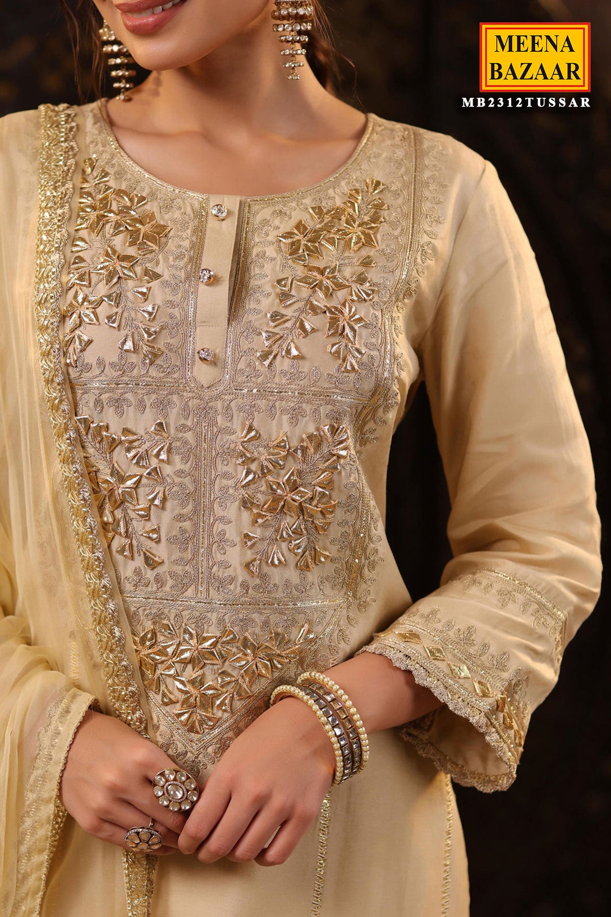 Beige Gota Patti Embroidered Silk Suit Set