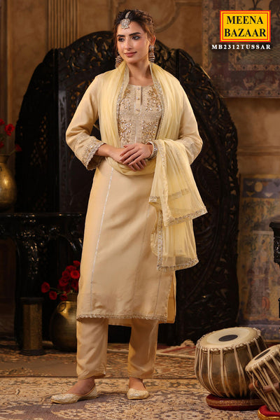 Beige Gota Patti Embroidered Silk Suit Set