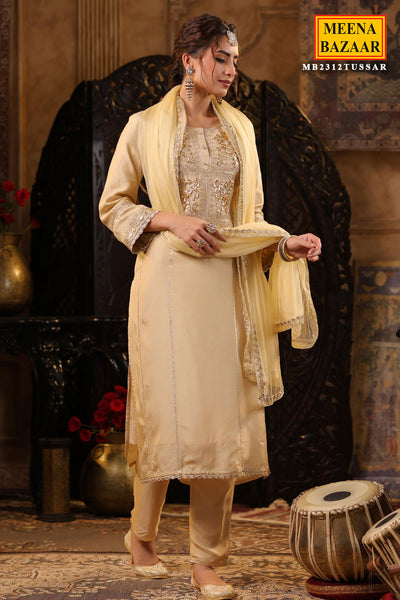 Beige Gota Patti Embroidered Silk Suit Set