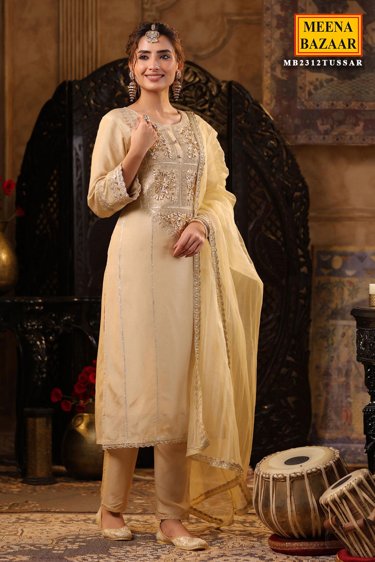 Beige Gota Patti Embroidered Silk Suit Set