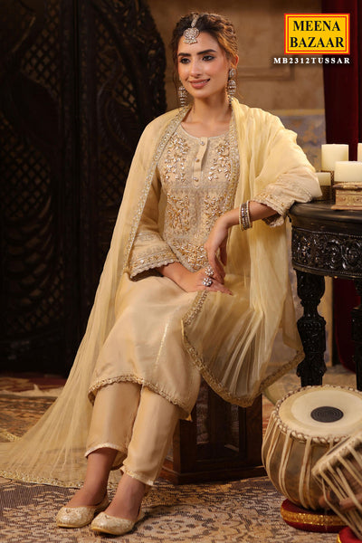 Beige Gota Patti Embroidered Silk Suit Set