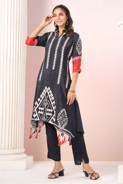 Midnight Black Tribal Printed Kurti Set