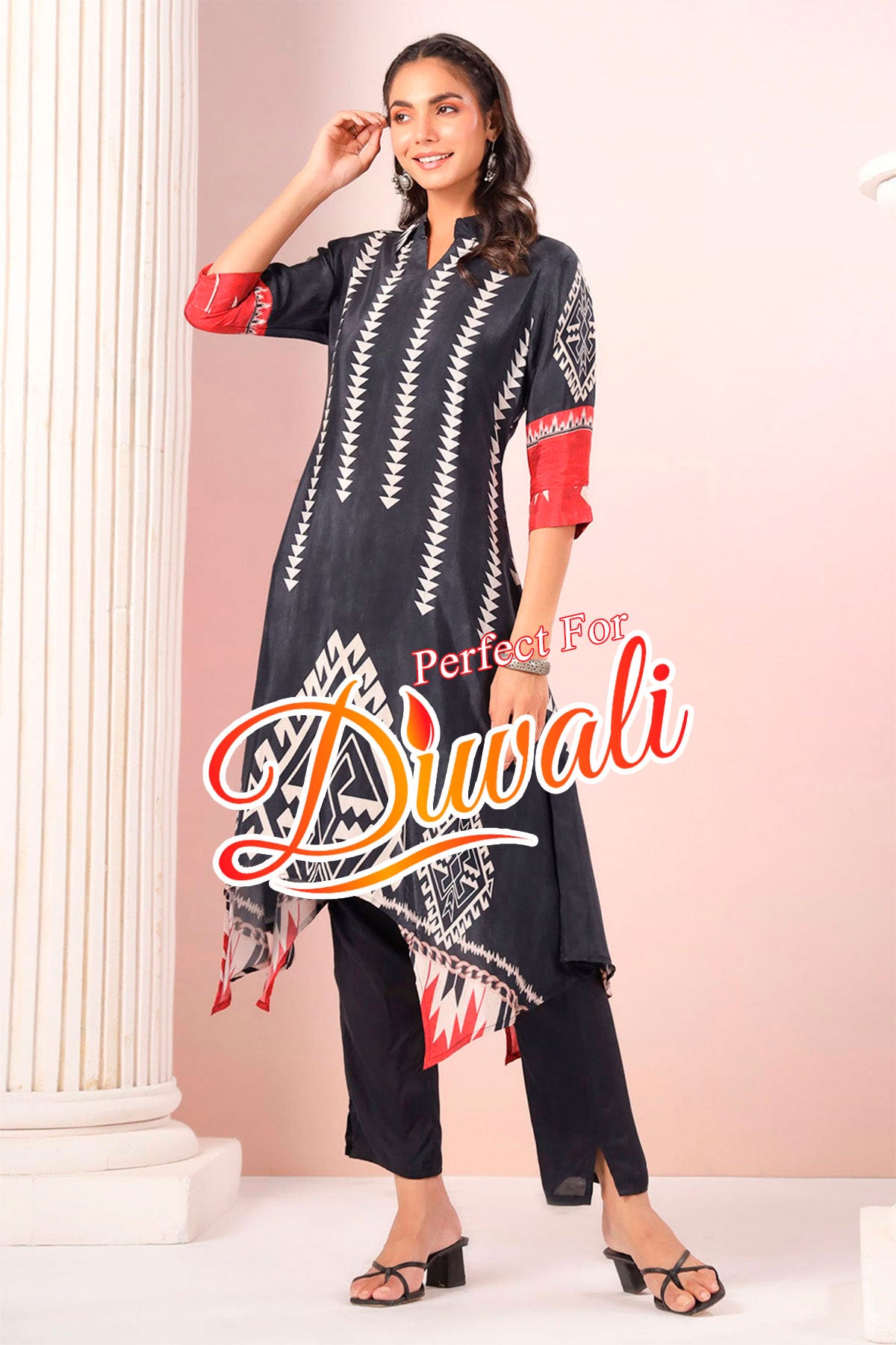 Midnight Black Tribal Printed Kurti Set