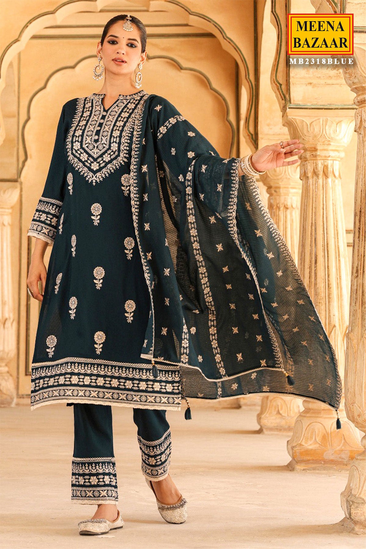 Blue Cotton Printed Suit with Thread Embroidered Neckline